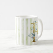 Mug F initiale dorée sur bandes bleues et blanches (Devant droit)