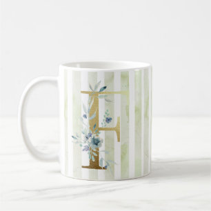 Mug F initiale dorée sur bandes bleues et blanches