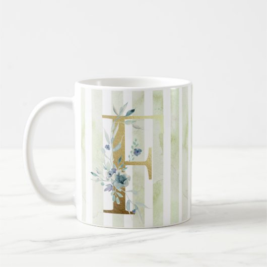 Mug F initiale dorée sur bandes bleues et blanches (Gauche)