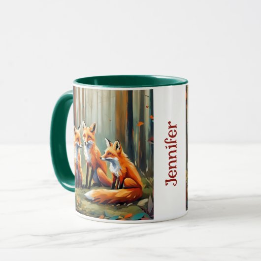 Mug Famille Fox dans la forêt. Nom modifiable (Devant gauche)