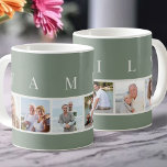 Mug FAMILLE Typographie moderne et Custom 6 Photo Gree<br><div class="desc">Boug personnalisé avec le mot FAMILY, écrit dans la typographie moderne, au-dessus de vos photos. Le modèle photo est configuré pour vous pour ajouter 6 de vos photos préférées, qui sont affichées en format carré dans un style simple, style bande, collage photo. Cette pièce élégante et élégante a une palette...</div>