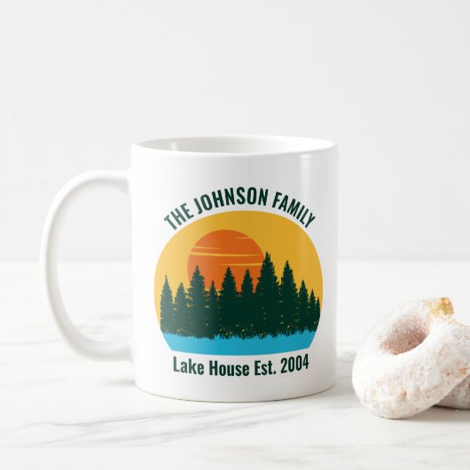 Mug Family Lake House Joli coucher de soleil Customisé (Avec donut)