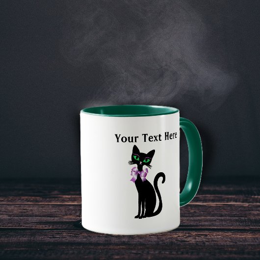 Mug Fancy Pretty Black Cat Pink Bow Green Eyes