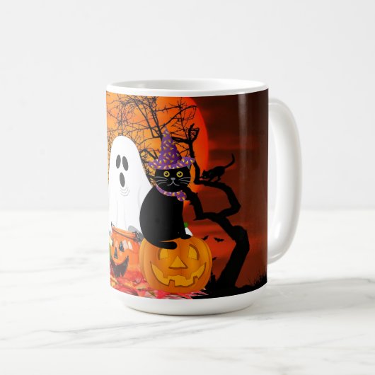Mug Fantôme effrayant d'Halloween et chat noir (Devant droit)