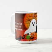 Mug Fantôme effrayant d'Halloween et chat noir (Devant gauche)