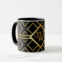 FAUX Gold Geometric Pattern with Monogram on BLACK