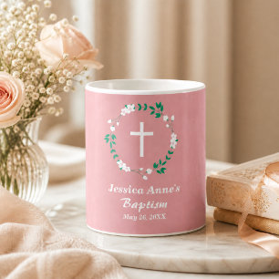 Mug Favori de baptême à croix florale rose poudrée bla