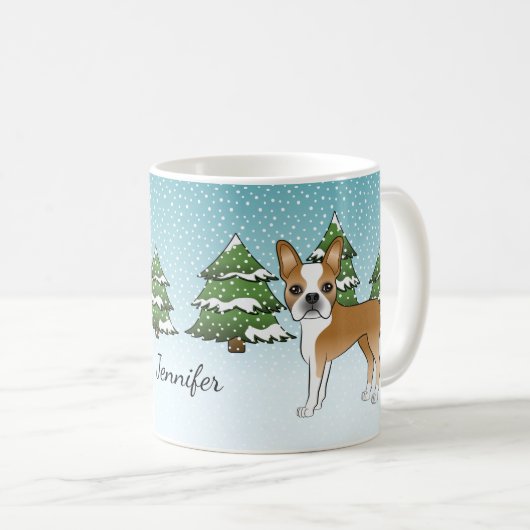 Mug Fawn Boston Terrier Dans Une Forêt D'Hiver & Nom (Devant droit)