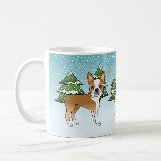 Mug Fawn Boston Terrier Dans Une Forêt D'Hiver & Nom (Gauche)