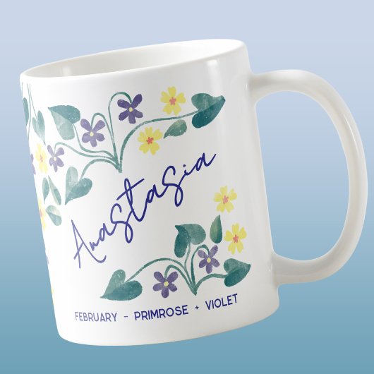 Mug February Birth Flower Custom Name Primrose Violet