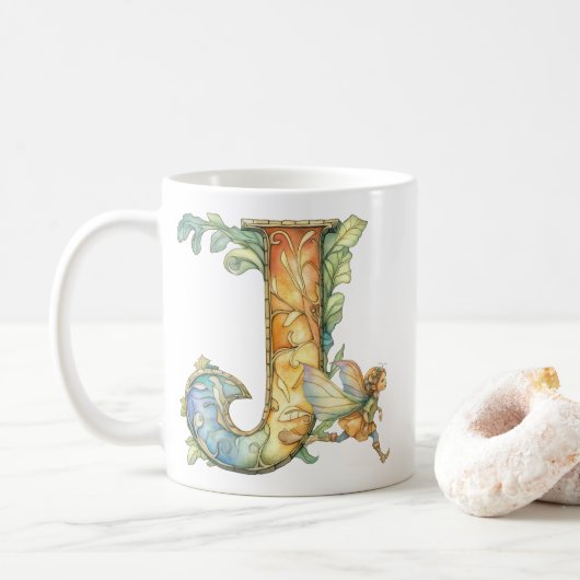 Mug Fée Arc-en-ciel Initiale 'J' (Avec donut)