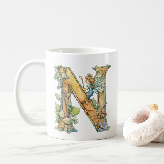 Mug Fée Arc-en-Ciel Initiale 'N' (Avec donut)