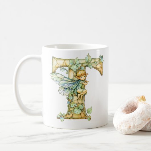 Mug Fée arc-en-ciel initiale 'T' (Avec donut)