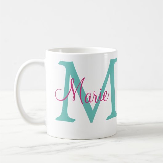 Mug Félicitations nom de diplômé monogramme vert rose (Gauche)