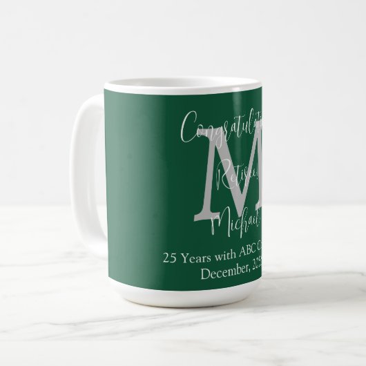 Mug Félicitations pour la retraite, Monogramme Nom Ver (Devant gauche)