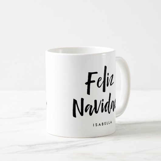 Mug Feliz Navidad | Script manuscrit noir et blanc (Devant droit)