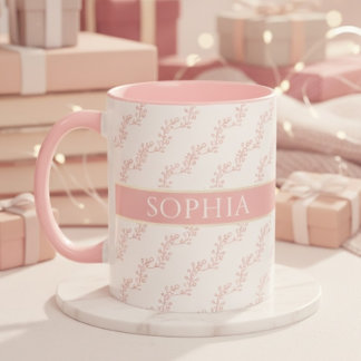 Mug feminin Pink and Gold Floral Monogram Personalized