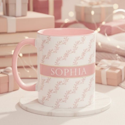 Mug feminin Pink and Gold Floral Monogram Personalized