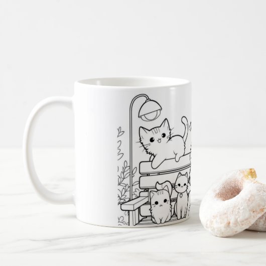 Mug Femme de chat avec ses chats sur un banc (Avec donut)