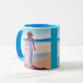 Mug Femme en blanc sur la plage (Devant gauche)