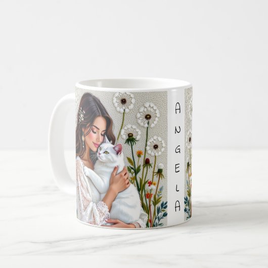 Mug Femme et chat blanc et pissenlits (Devant gauche)