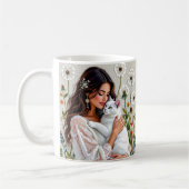 Mug Femme et chat blanc et pissenlits (Gauche)