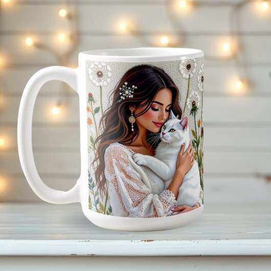 Mug Femme et chat blanc et pissenlits