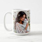 Mug Femme et chat blanc et pissenlits (Gauche)