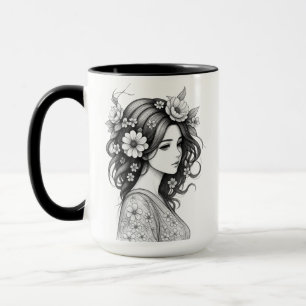 Mug Femme Fleurie Art Linéaire Romantique