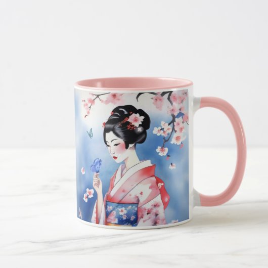Mug Femme japonaise avec un papillon bleu (Droite)