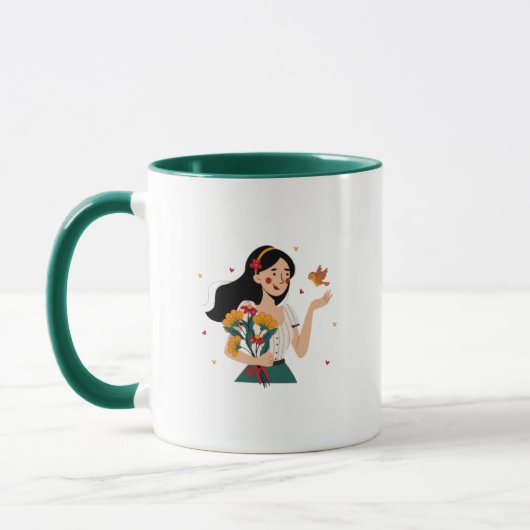 Mug Femme joyeuse avec boug d'oiseaux et de fleurs (Gauche)
