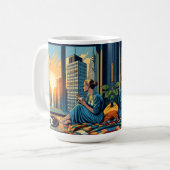 Mug Femme regardant le lever du soleil avec son chat (Devant gauche)