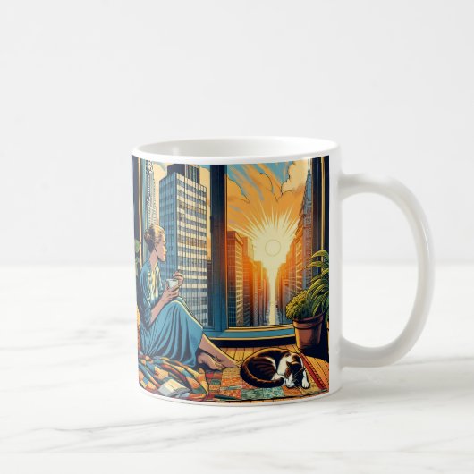 Mug Femme regardant le lever du soleil avec son chat (Droite)