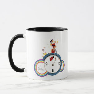 Mug Femme s'asseyant sur une horloge et tenant une