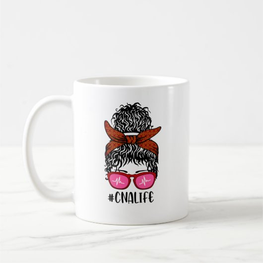 Mug Femmes Infirmière vie RN LPN CNA Messy Bun (Gauche)