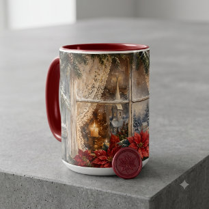 Mug Fenêtre de Noël au poinsettia enneigé