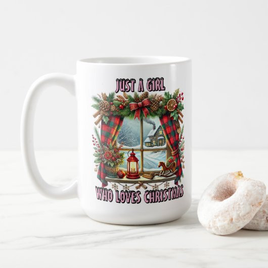 Mug Fenêtre de Noël avec décorations festives et neige (Avec donut)