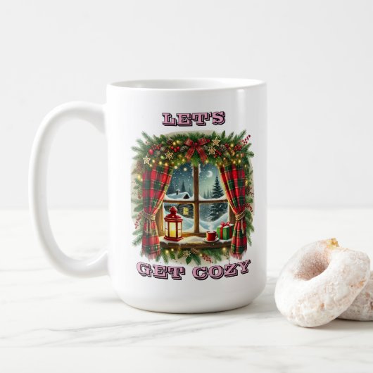 Mug Fenêtre de Noël cosy avec neige et décorations (Avec donut)