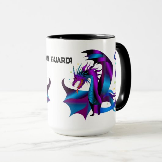 Mug Fer Dragon Bleu Noir Violet Sur Garde Amusant (Devant droit)