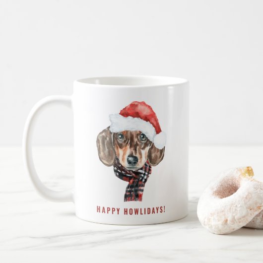Mug Festif aquarelle Dachshund Père Noël Noël (Avec donut)