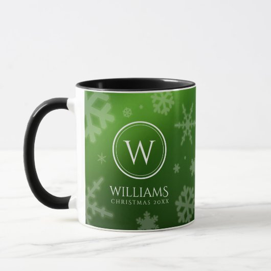 Mug Festif Green Foil Snowflakes Nom du monogramme (Gauche)