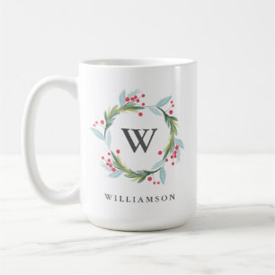 Mug Festif Holly Aquarelle Foliage Wreath & Monogramme