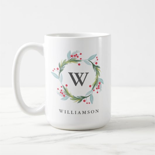 Mug Festif Holly Aquarelle Foliage Wreath & Monogramme (Gauche)