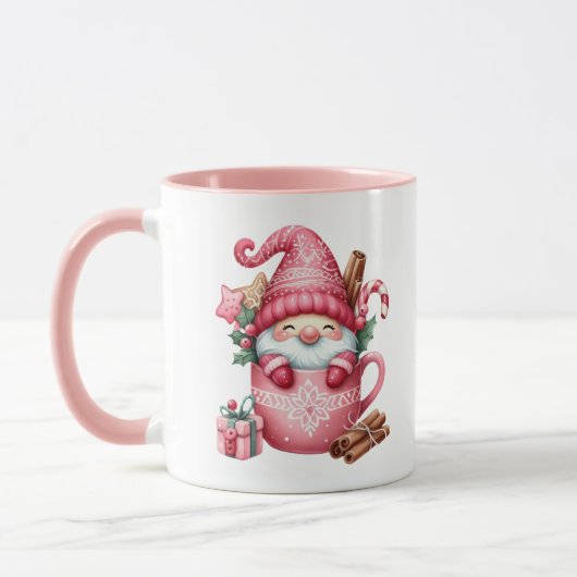 Mug Festif rose gnomes de Noël ajouter monogramme (Gauche)