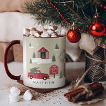 Mug Festif Vintage Christmas Tree Farm personnalisée<br><div class="desc">Célébrez la saison des fêtes magiques et festives avec notre tasse de fêtes sur mesure. Notre design vintage de vacances comprend un paysage de ferme de sapins de Noël, ce motif de Noël incorpore une scène de Noël de ferme avec une ferme, une grange rouge, des panneaux, des enfants jouant...</div>