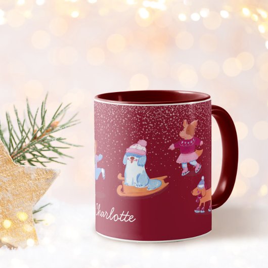 Mug Festive Winter Cute Ice Skating Dogs Red Name