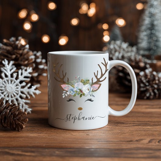 Mug Fête de Noël Reindeer Floral Personnalisé
