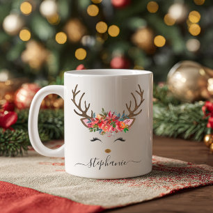 Mug Fête de Noël Reindeer Floral Personnalisé