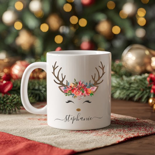 Mug Fête de Noël Reindeer Floral Personnalisé