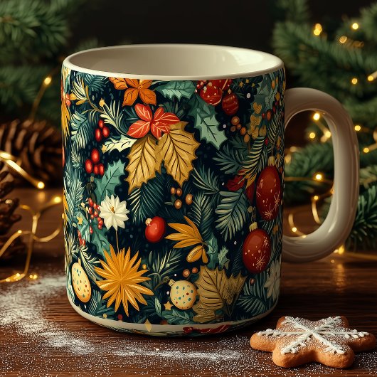Mug Feuillage de Noël classique avec ornements rouges